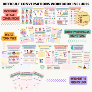 Difficult conversations workbook digital download includes understanding difficult conversations, identifying your triggers and patterns, steps to master crucial conversations and feedback loop to improve communication.