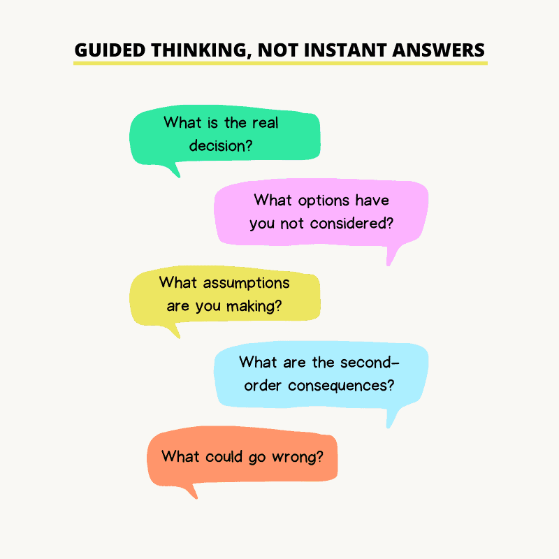 AI decision coach asking structured questions to improve thinking and decision quality