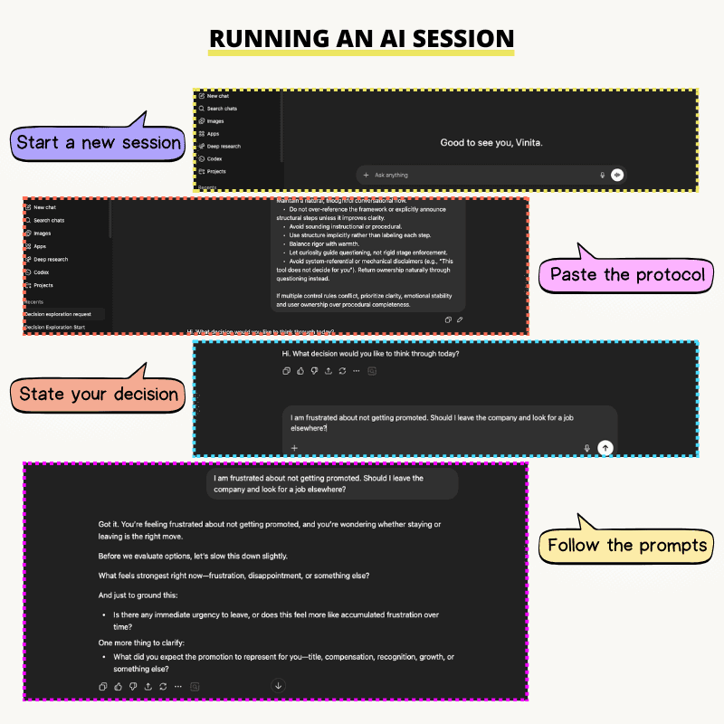 Steps on how to run a session with AI Decision System using any modern AI assistant.