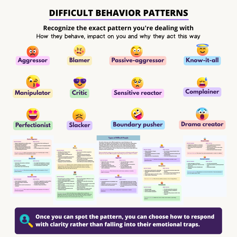 No matter where you work, difficult people have a way of showing up—the interrupters, the blamers, the drama-makers, the ones who drain your energy before they even speak. While their personalities vary, their impact often feels the same: confusion, frustration or a quiet “why is this so hard?” Understanding the different types of difficult people can help you decode their behavior instead of absorbing it. Once you can spot the pattern, you can choose how to respond with clarity rather than falling into their emotional traps.