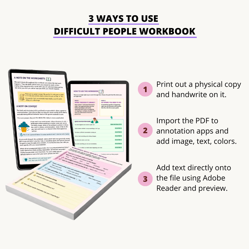 "How To Deal With Difficult People Workbook" is a PDF download. You can either print the pages or open the pdf in an app/browser.